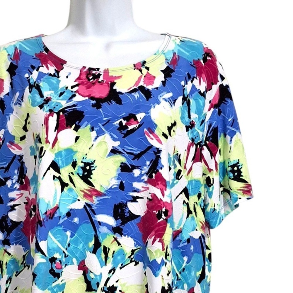 JM Collection Womens Blouse XL Blue Floral Textured Short Sleeve Art To Wear Top